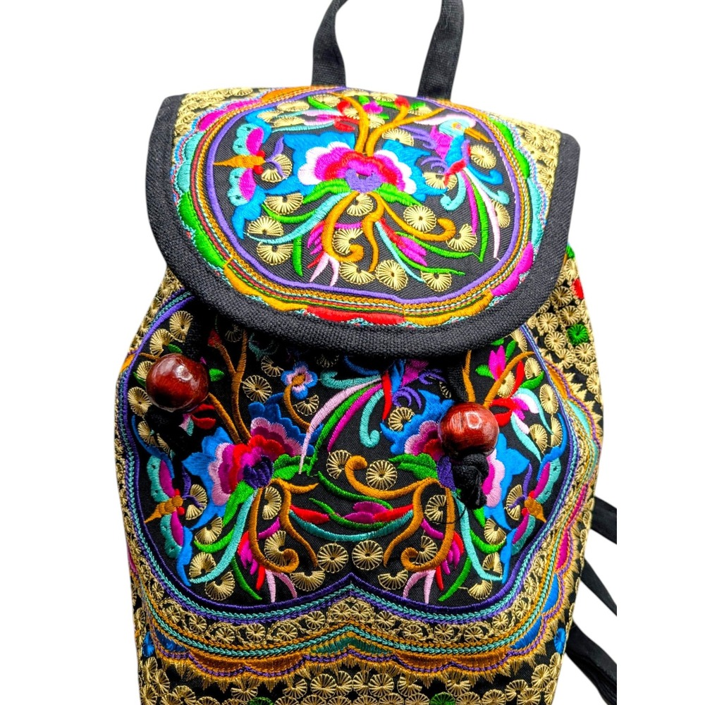 Bohemian Floral Embroidered Canvas Backpack Gold Metallic Thread Multi-Color
